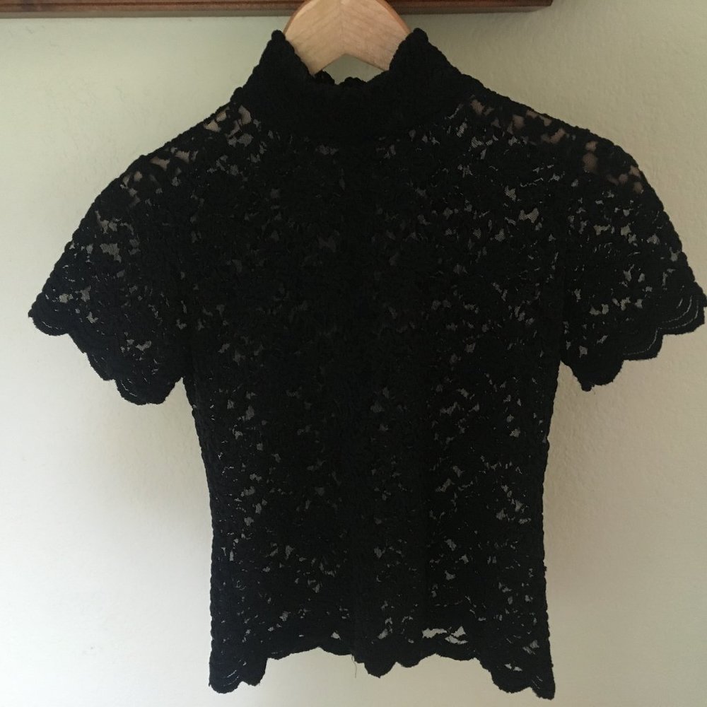 Black stretch lace mock turtle short sleeve top